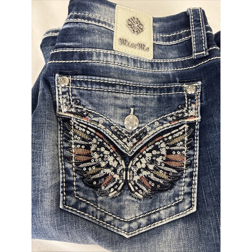 Miss Me Curvy Straight Jeans Womens 34 Blue Distressed Denim Embroidered Y2K